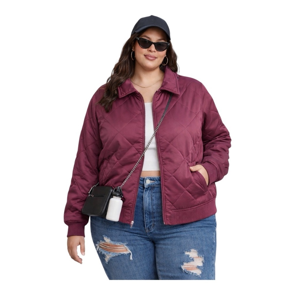Ava & Viv Quilted Bomber Jacket 1X Plum Burgundy Puffer Zip Front Plus Size